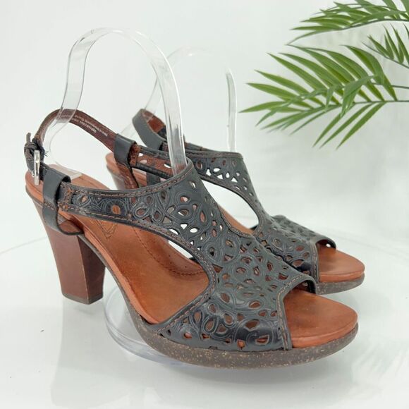 Naya Alpine Sandal Women's Size 10 M Black Leather Tooled Block Heel Slingback - Picture 1 of 16